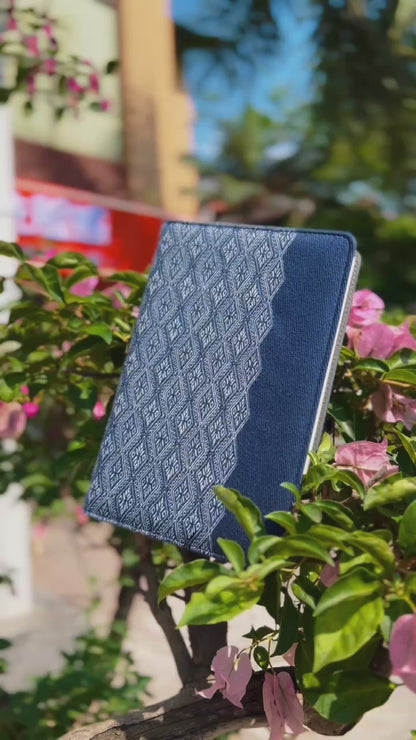Natural Plant Dyed Cotton Notebook & Pen Case Kit with Octagonal Flower Pattern, Unique Pattern Office Kit Blue, Graduation Gift Combo