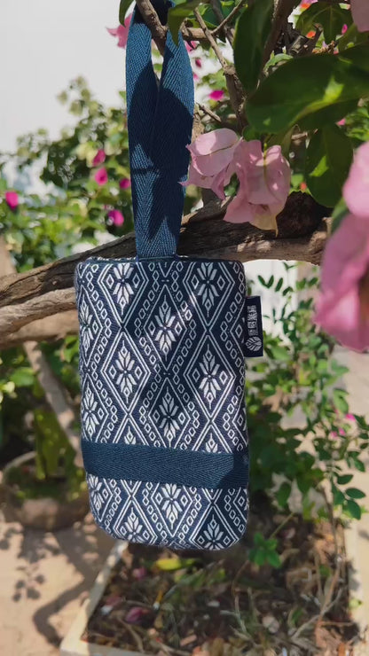 Natural Plant Dyed Cotton iPhone Holder with Octagonal Flower Pattern, Unique Pattern Smartphone Pocket with Strap, Blue iPhone Pocket, Gift