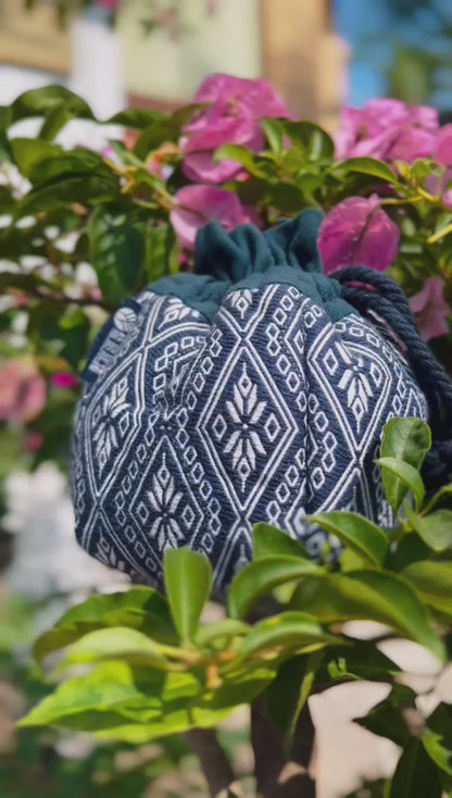 Natural Plant Dye Cotton Drawstring Pouch with Octagonal Flower Pattern, Unique Pattern Pouch Bag, Cosmetics Bag, Storage Bag