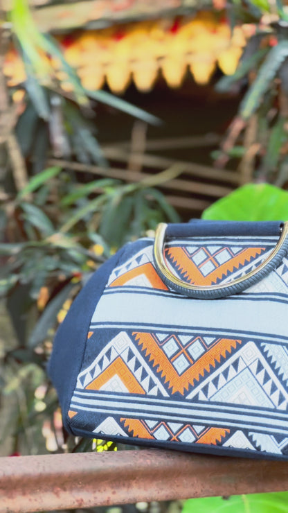 Handmade Natural Plant Dyed Cotton Handbag with Octagonal Flower Pattern, Unique Pattern Handle Bag for Women, Blue, Gift for Her