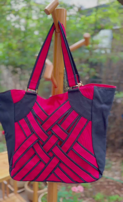 Linen Handbag with Zipper Closure, Knitted Patten Tote bag Red, Shoulder Bag for Women