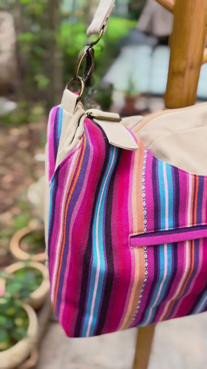 Boho Linen Handbag with Zipper Closure, Tote bag with Strip Pattern on the Back, Shoulder Bag for Women