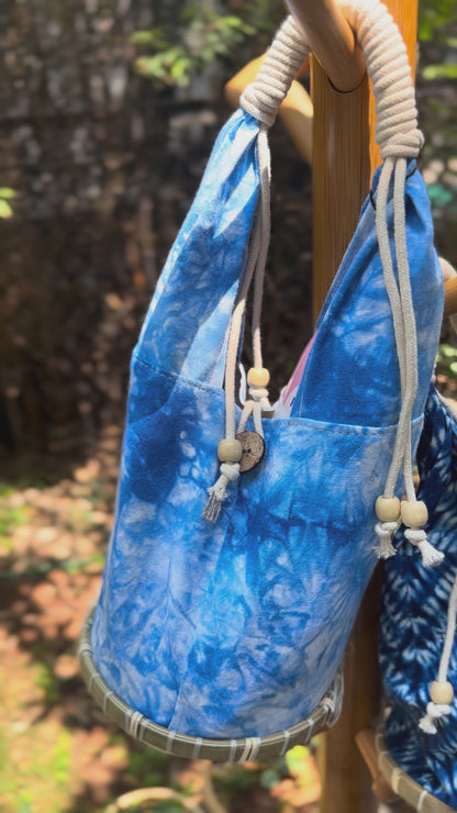 Tie Dye Linen Handbag Pouch with Bamboo Base, Top Handle Bag with Buckle Closure