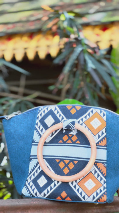 Handmade Natural Plant Dyed Cotton Briefcase with Octagonal Flower Pattern, Unique Pattern Handbag, Bamboo Handle Bag for MacBook 13"